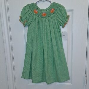 Petit Bebe Pumpkin Green and Orange Smocked Kids Dress